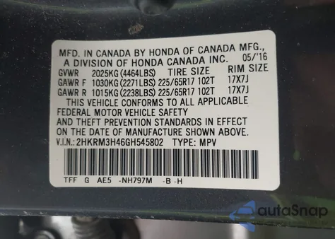 2016 Honda Cr-V Se from USA, damaged, VIN 2HKRM3H46GH545802